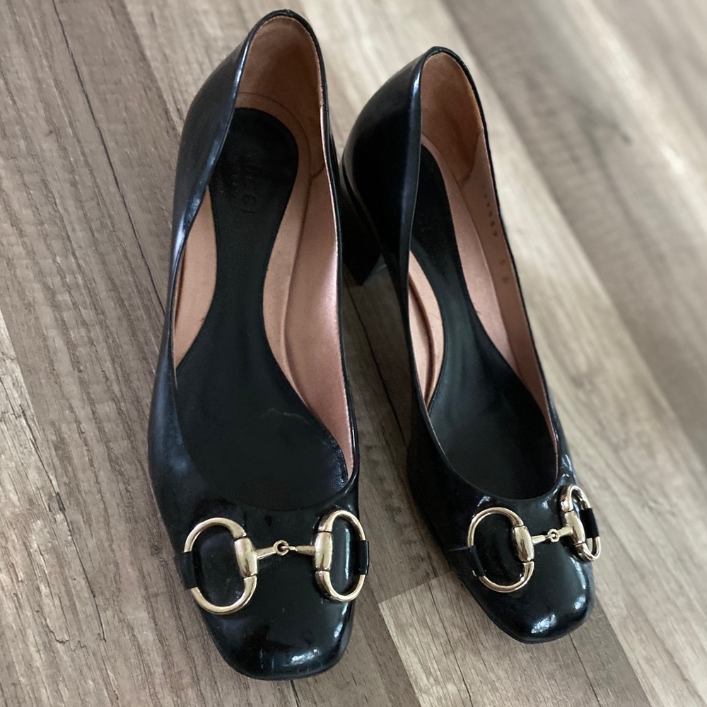 Gucci Leather Flats Black Gold Buckle Heels Pumps